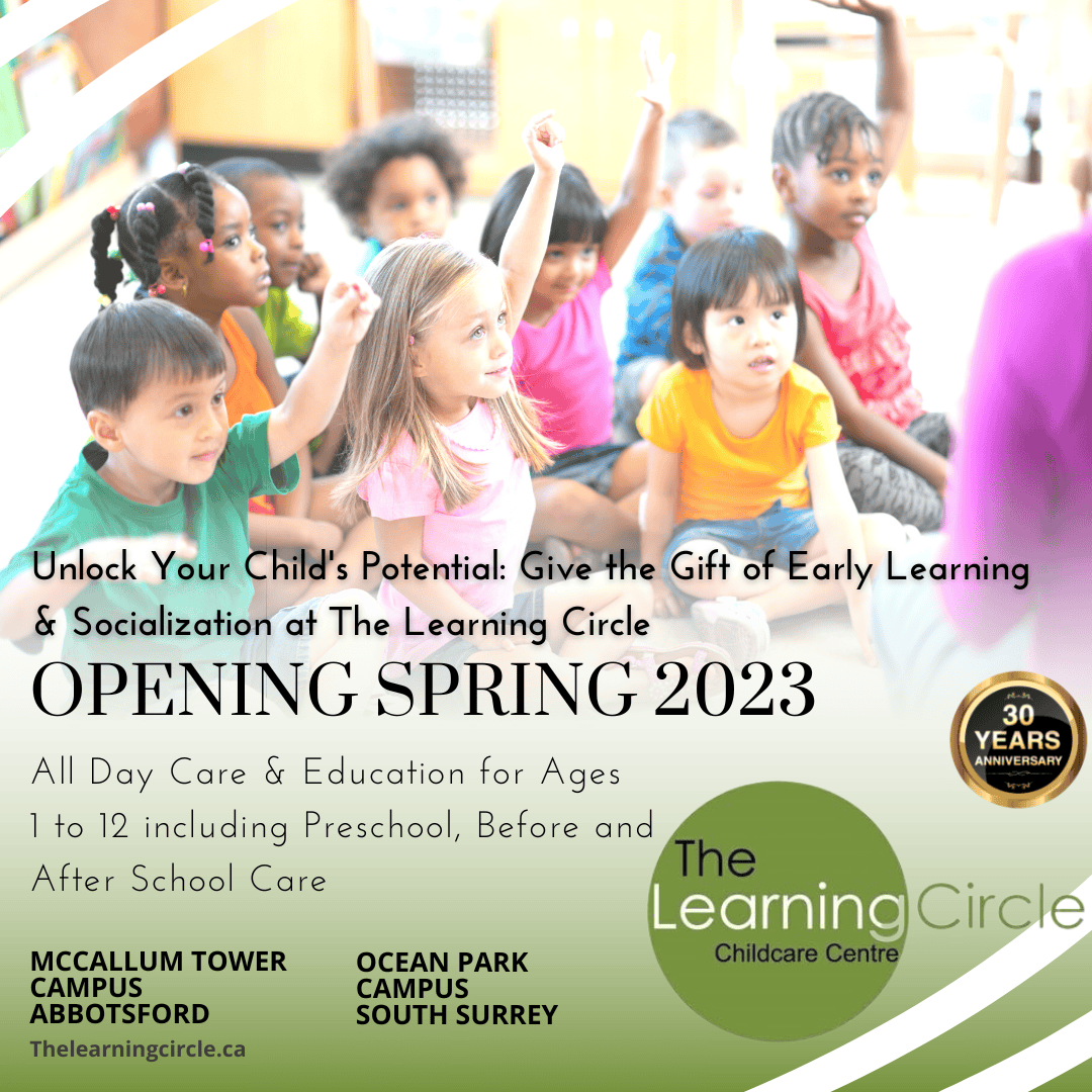 Affordable childcare for ages 1-12 in Surrey and Abbotsford. Brightly lit classroom with diverse children engaging with a teacher.