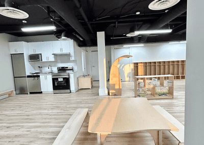 Children's childcare playroom with kitchen area, craft space, and seating, designed for learning and fun at The Learning Circle.